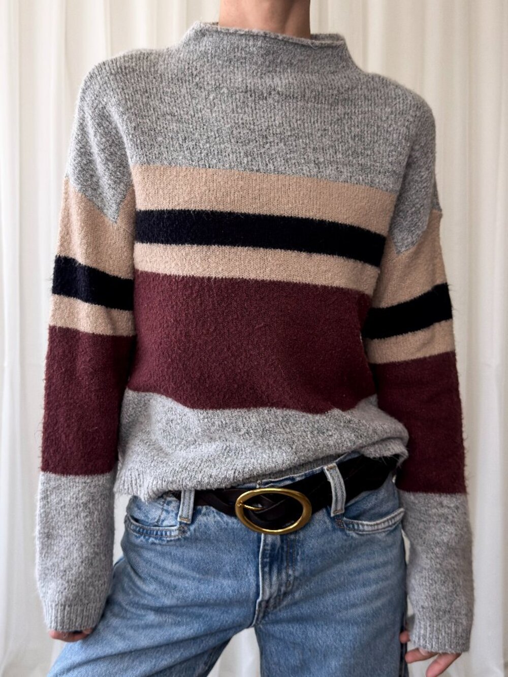 Oversized striped turtleneck sweater neutral cozy knit grey tan burgundy‎ Size M